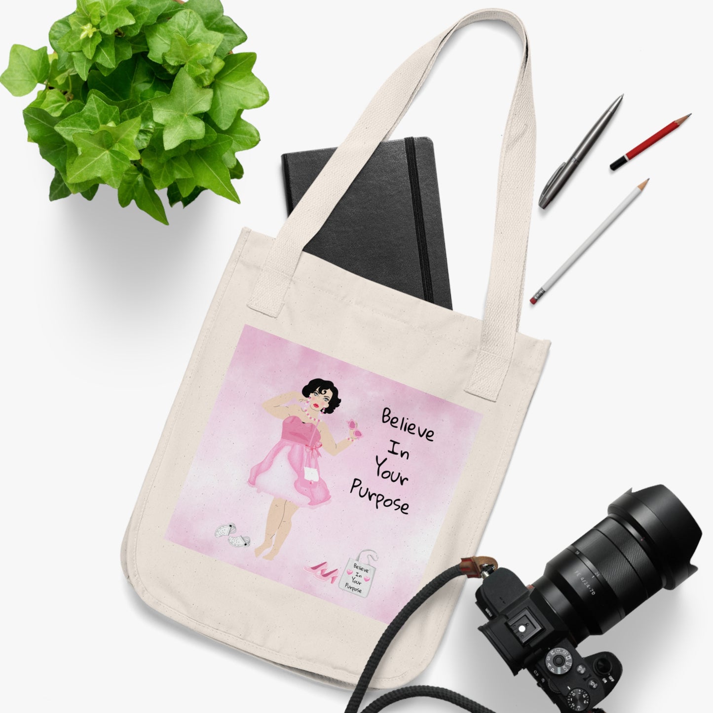 Inspirational Organic Canvas Tote Bag - "Believe In Your Purpose" & "Purpose to Live, Laugh" Design