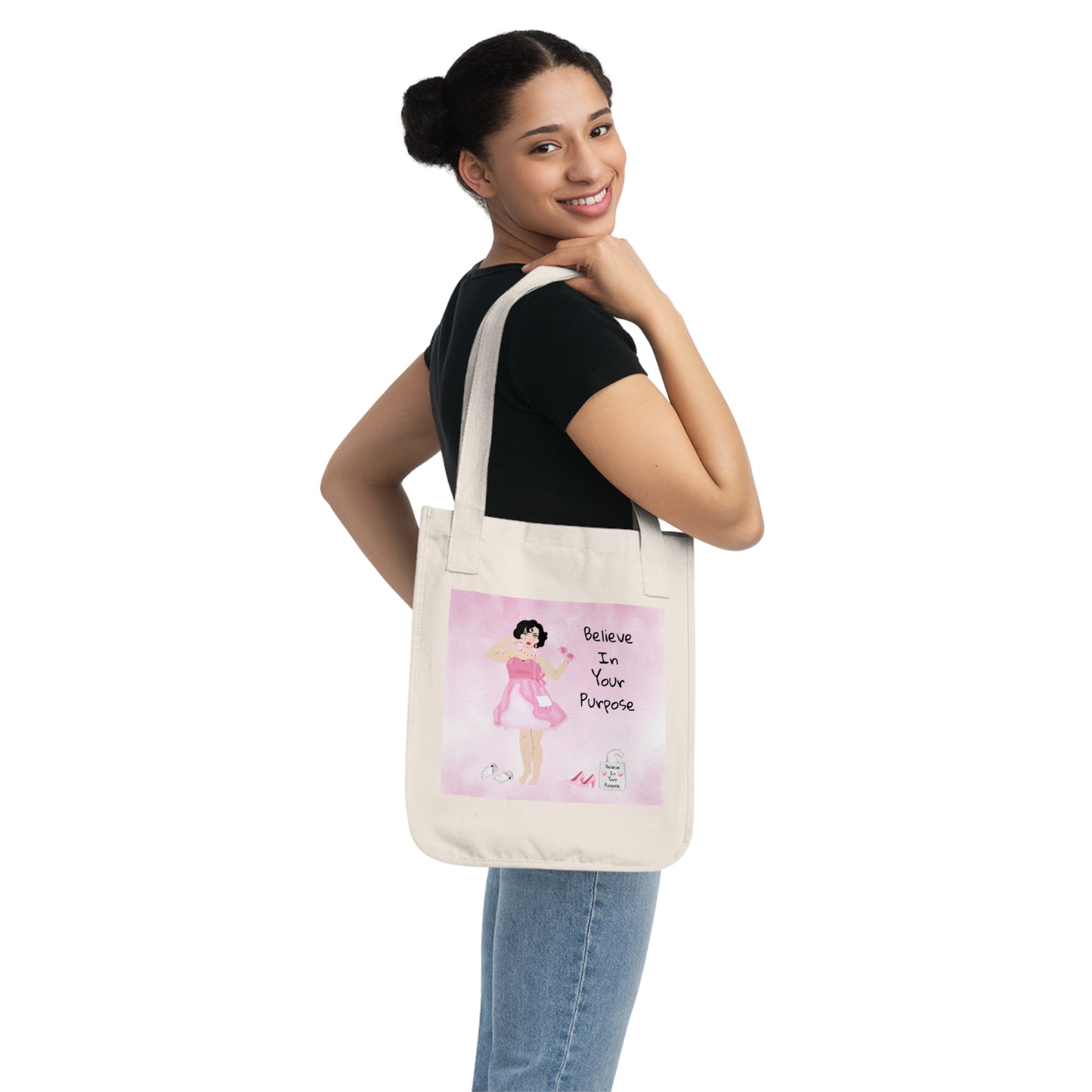 Inspirational Organic Canvas Tote Bag - "Believe In Your Purpose" & "Purpose to Live, Laugh" Design